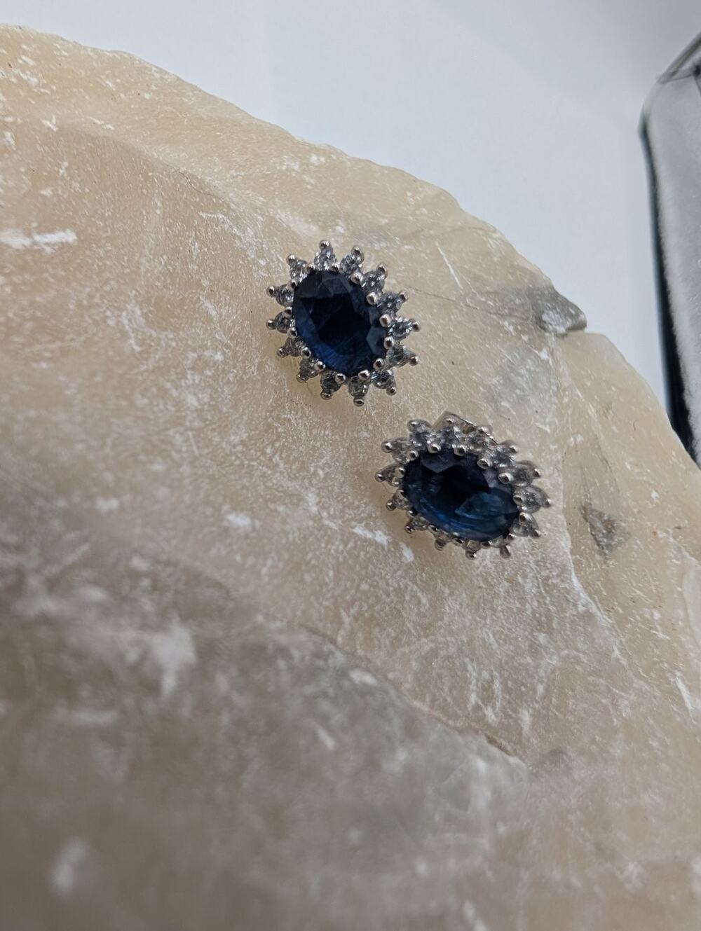 Elegant Oval Blue Sapphire Tone CZ Halo Stud Earrings 925 Sterling Silver